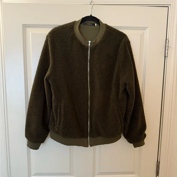 Women’s Sherpa Fleece Bomber Jacket Olive Green Size Large - Picture 4 of 10